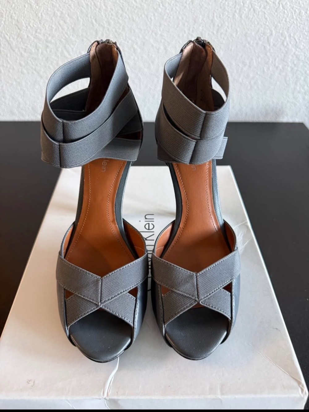 Calvin Klein Gray Strappy Ankle-Wrap Heels
